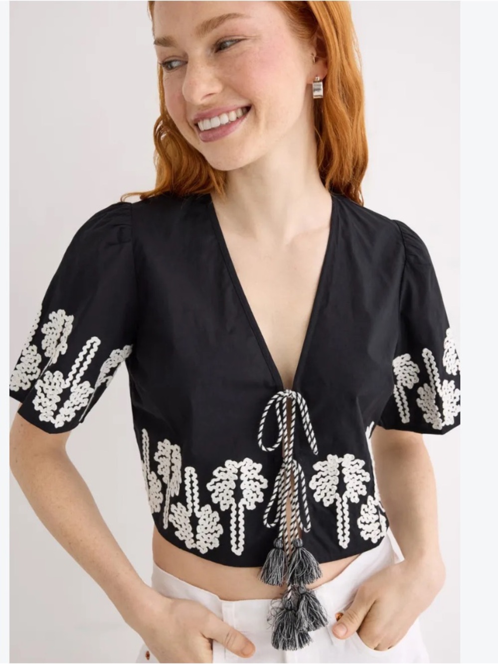 Rails Black Crop Top with White Embroidered Motifs and Tassel Tie